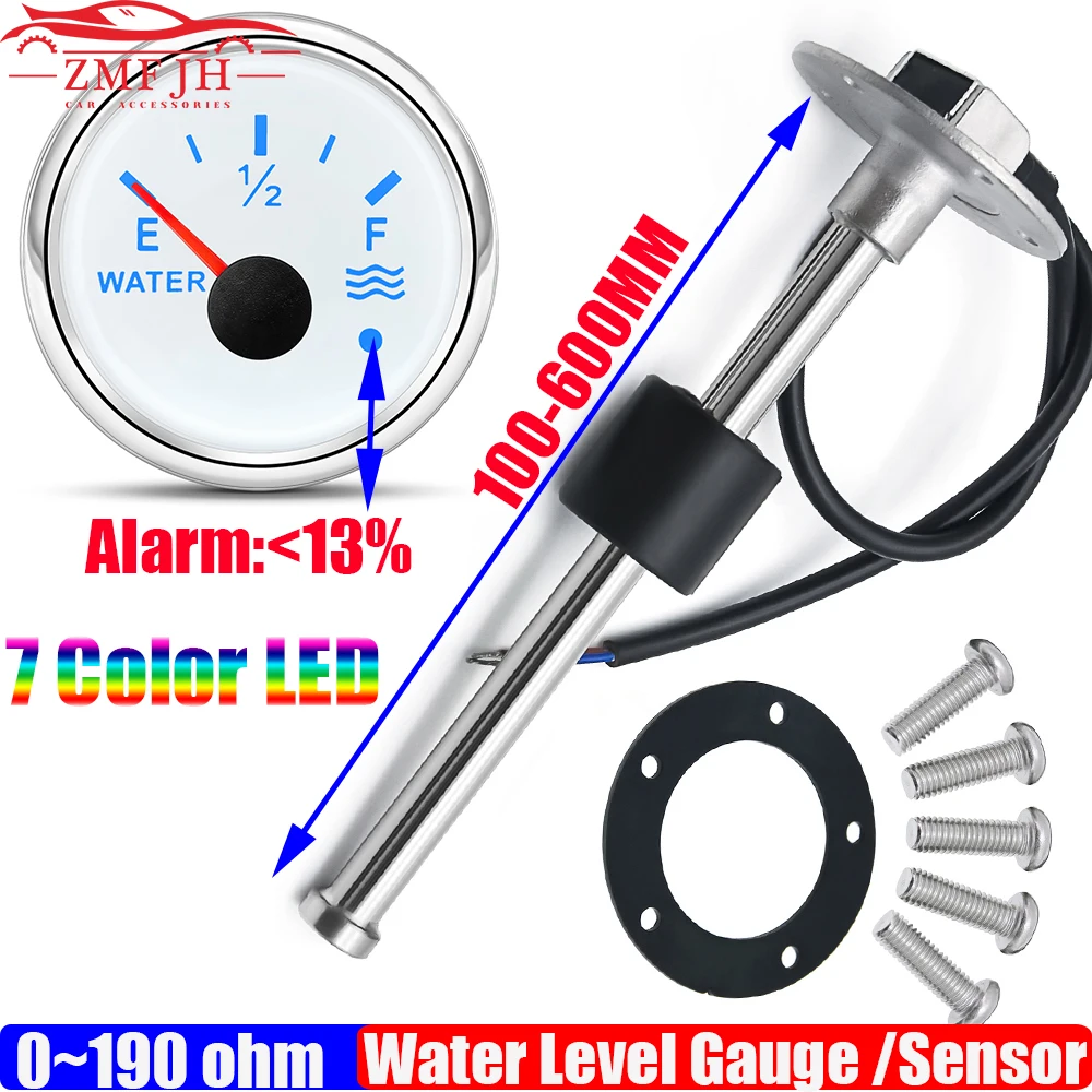 52mm Water Level Gauge for Auto Car Boat with Flash Alarm 7 Color Backlight 100-550mm Water Level Sensor 0-190 Ohm 12V24V Custom