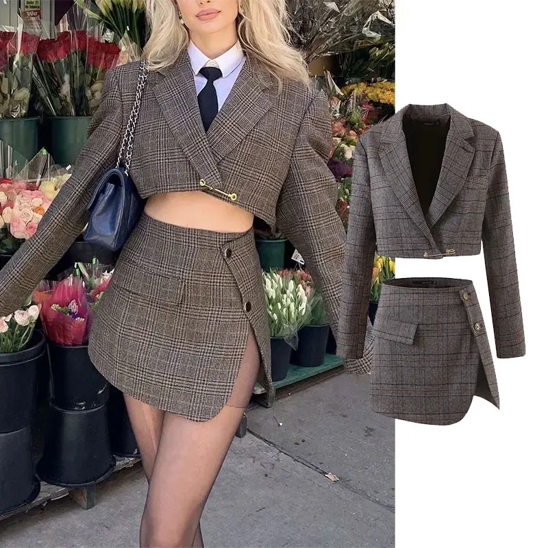 

2022 female autumn and winter new fashion suit with skirt tweed sexy office split mini skirt 2-piece casual suit