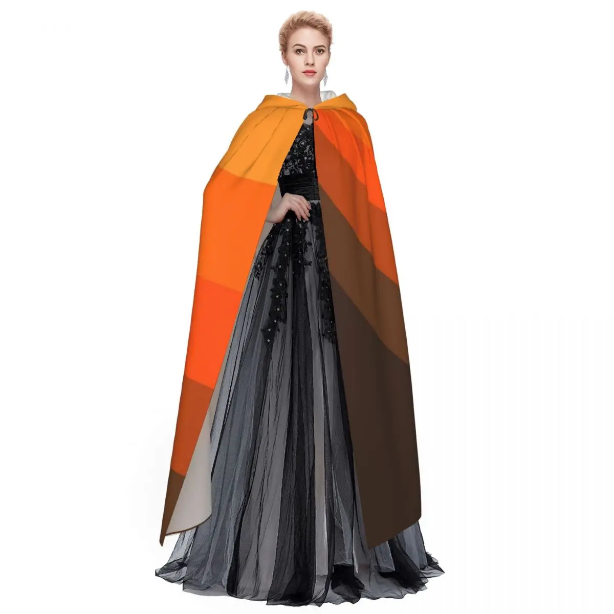 Brown And Orange Retro Sun Rays Long Hooded Cloak Witch Medieval Costume Cosplay Cape HalloweenVampire Adult Unisex