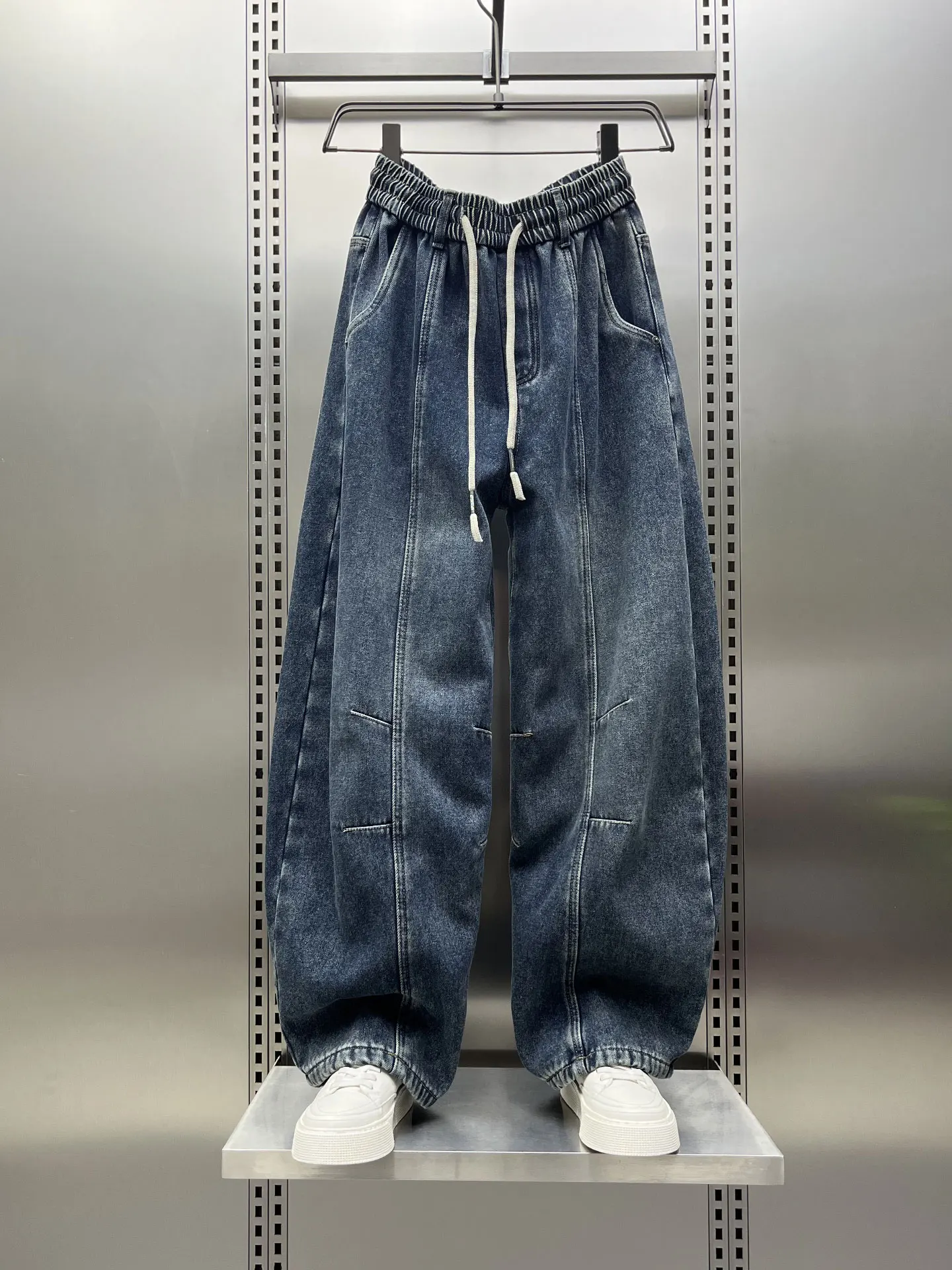 

Мужские джинсы в американском стиле, синие, с эффектом потертости, на флисовой подкладке, зимние, свободного кроя, больших размеров, широкие прямые брюки-карго