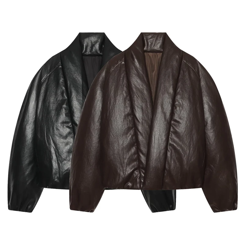 Women's V-neck Faux Leather Padded Jacket Winter Warm Short PU Coat 2026 Autumn and Winter Casual Jacket