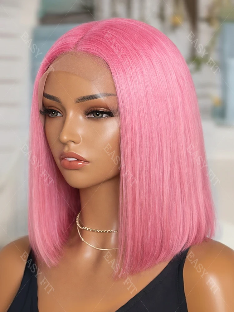 

Pink Short Bob Bone Straight Lace Front 100% Human Hair Wigs Brazilian Remy Hair 13x4 HD Lace Frontal Wig For Women Clearance