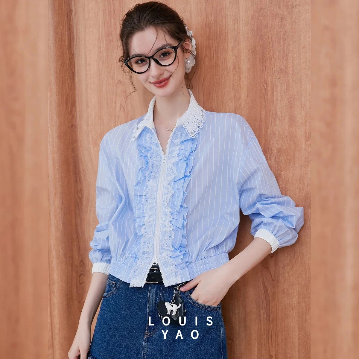 LOUISYAO Striped Embroidered Flare Coat 2025 Autumn Women Drop Shoulder Sleeve Casual Shirt Jacket Top 