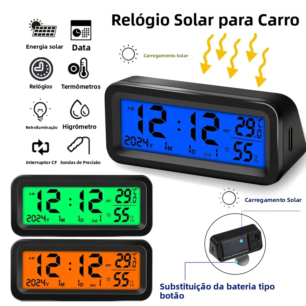 Relógio Digital para Carro Alimentado por Energia Solar/USB com Data, Semana, Temperatura, Umidade, Display LCD Retroiluminado, Relógio Adesivo para Painel de Automóvel