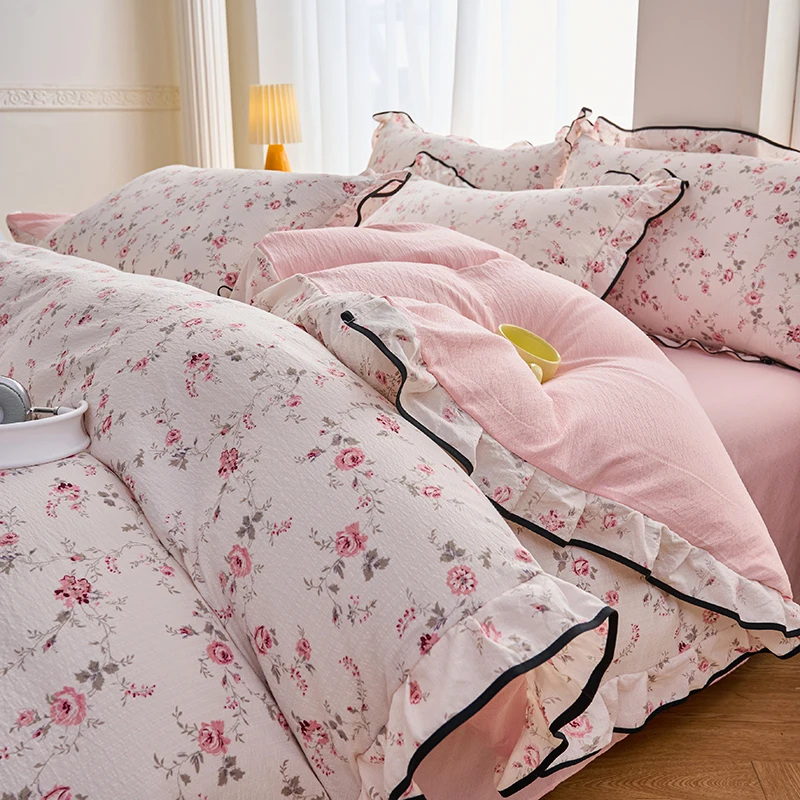 Korean-style Bedding Set Pink Floral Fragments Ruffle Trim Duvet Cover Set Sheet Set King Queen for Bedroom Decor Bithday Gift
