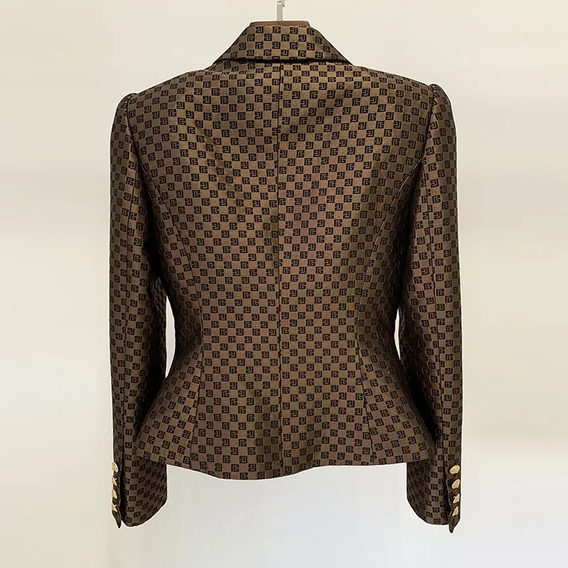 Blazer de cabeza de león para mujer, chaqueta de celebridad de doble botonadura, solapa, manga larga, jacquard, abrigo marrón Delgado