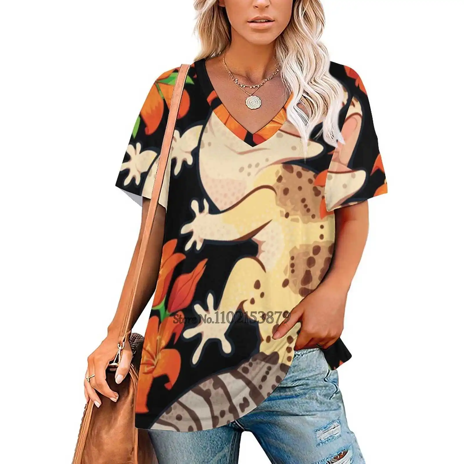 Fire Lily Gecko Women Print T-Shirt Summer Casual Tops Streetwear T Shirt Boho Ladies Top Gecko Leopard Gecko Lizard Reptiles