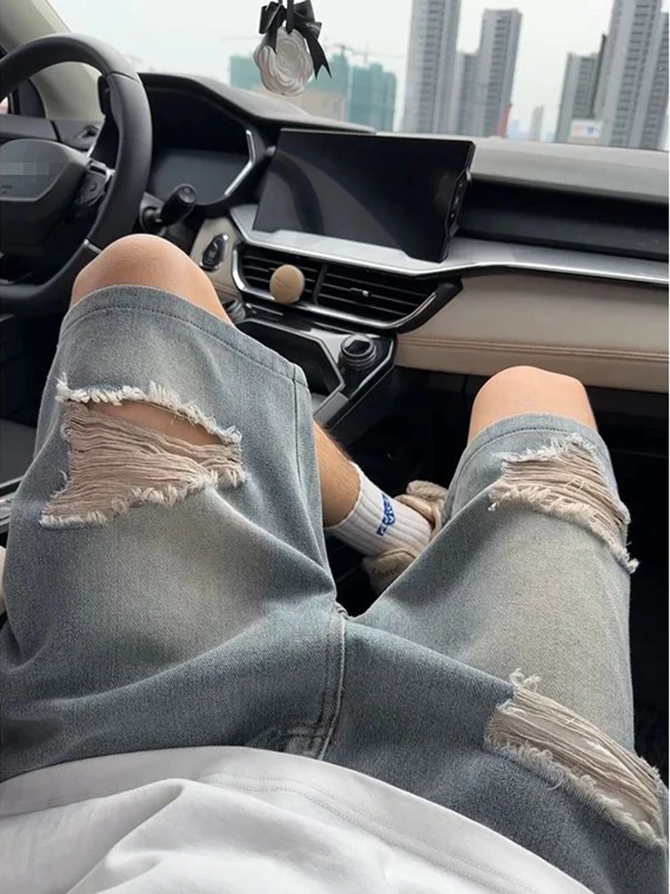 

Светло-голубые рваные джинсовые шорты для мужчин, летние, в американском ретро-стиле, свободные, рабочие, средней длины, пятикармановые