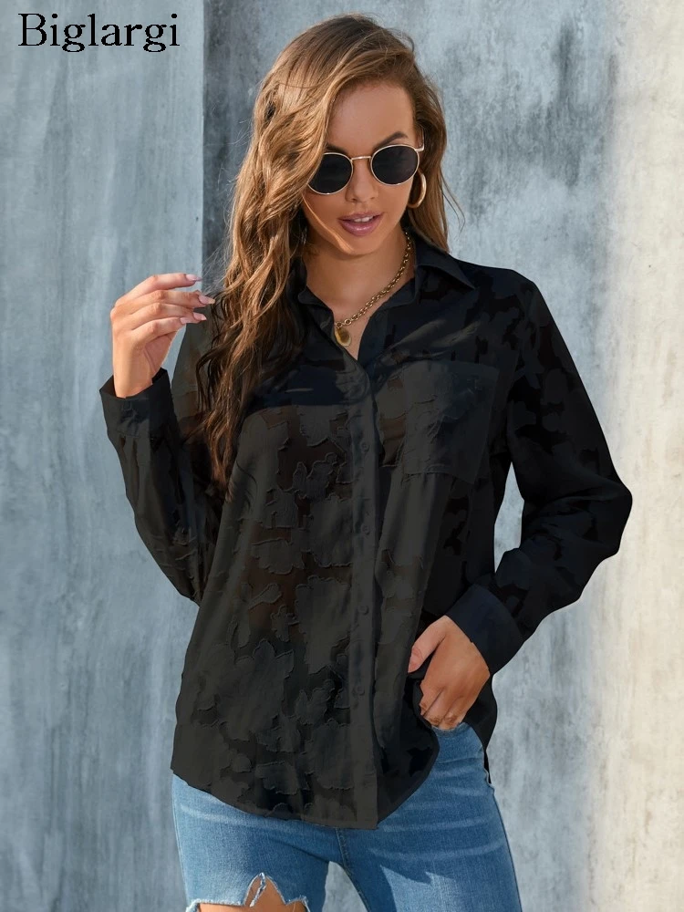 

Summer Autumn Long Sleeve Shirts Women Flower Floral Embroidery Fashion See Through Ladies Blouses Loose Casual Woman Shirt