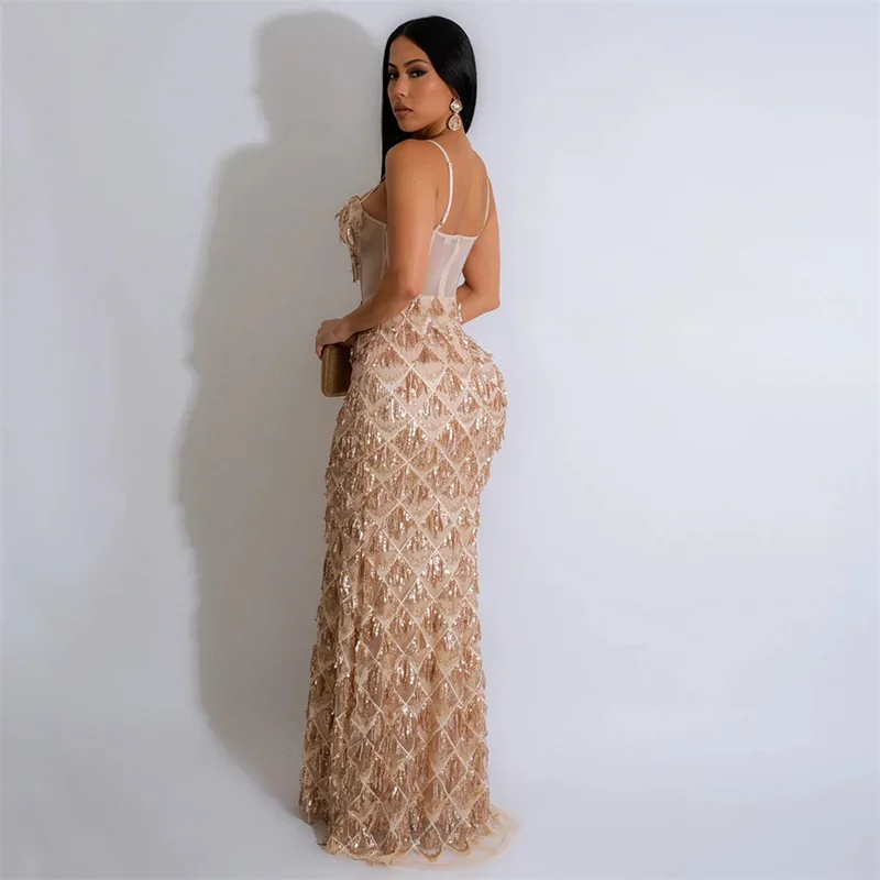 Women Sparkling Sequin Patchwork Dresses Fashion Gala Dinner Party Floor-length Gown Female Slim Fit Wrap Bust Suspenders Dress