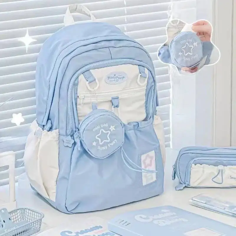 Women Students Contrast Color Drawstring Schoolbags Patchwork Kawaii Fashion Backpacks All Match Sweet Cute Backpack Y2k Korean