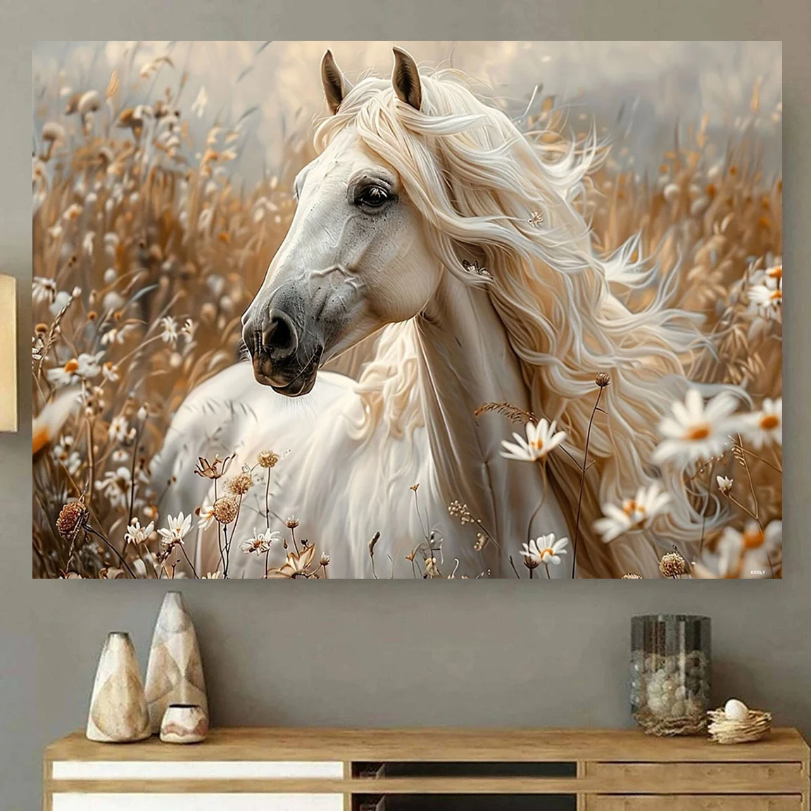 Elegant White Horse Canvas Art,Frameless,Perfect for Home&Office Decor,Creative Equestrian Theme, Ideal for Bedroom,Living Room