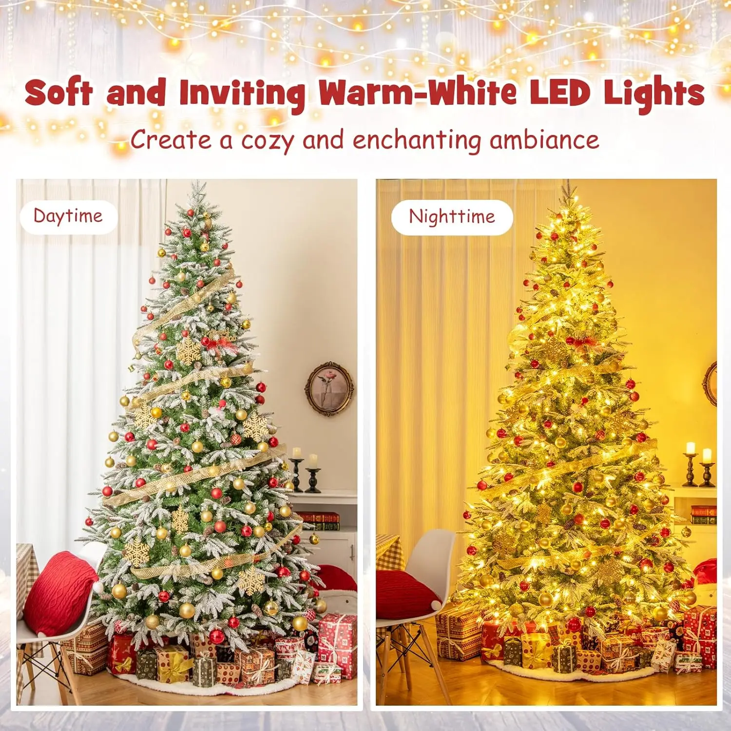 Goplus 9 Ft Pre-Lit Artificial Christmas Tree, Snow Flocked Hinged Xmas Tree With 690 Warm-White Led Lights, 1871 Tips, 117