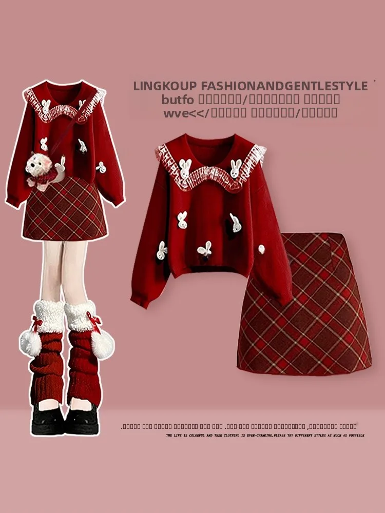 

Осенне-зимний комплект для колледжа: милый свитер и облегающая красная клетчатая юбка, комплект из двух предметов, большие размеры, модный стиль