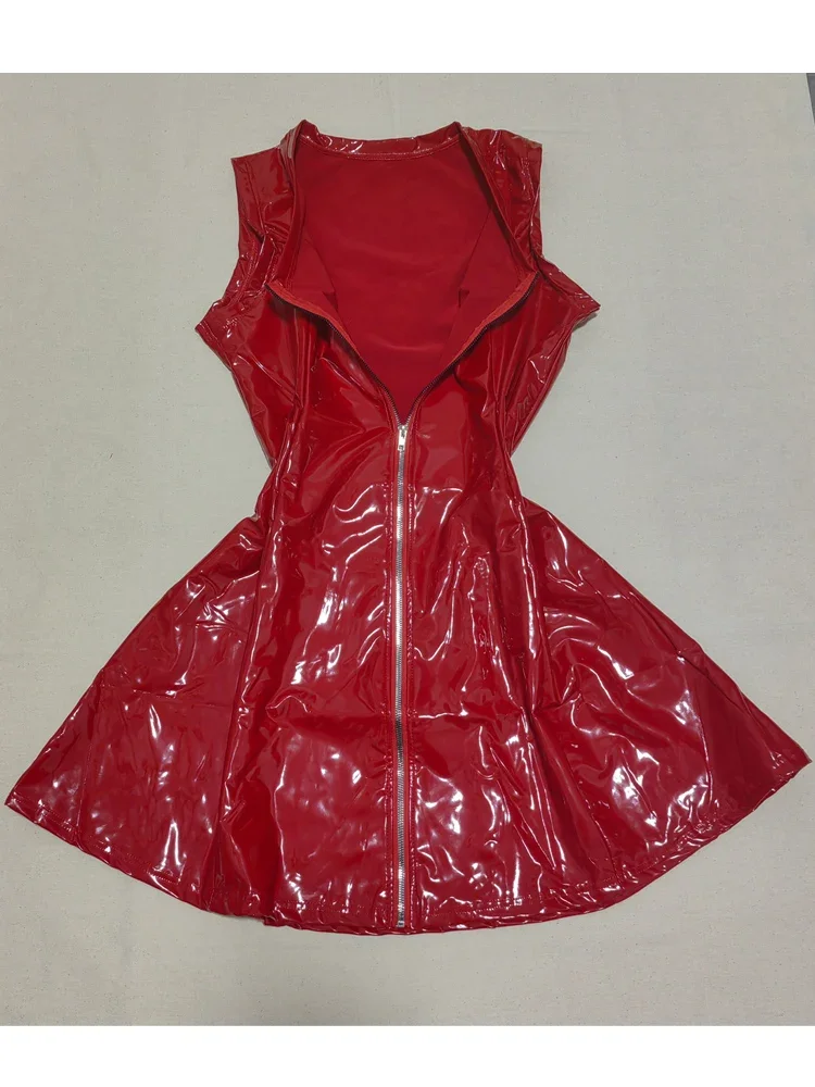 Damen Cosplay Dienstmädchen Trägerloses Kleid Wet-Look PVC A-Linien-Kleid Glänzendes PU-Leder Tanktop-Kleid Reißverschluss-Sommerkleid MINI-Rock Übergröße