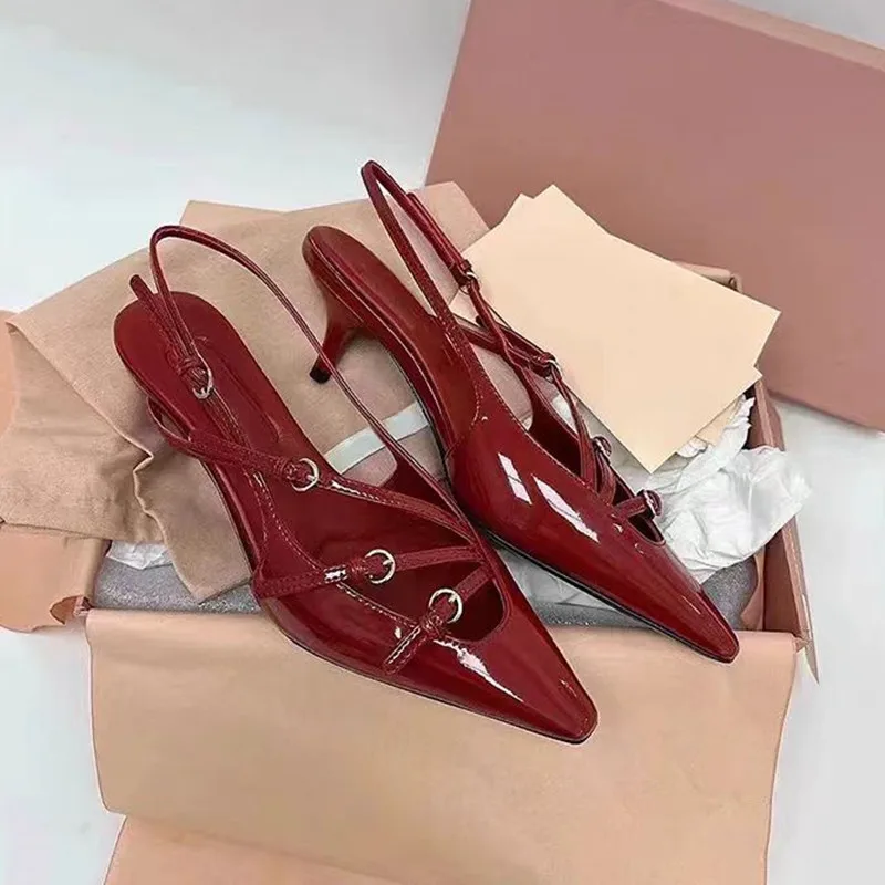 Modne lakierowane skórzane kwadratowe noski damskie czółenka seksowne wąskie paski Slingbacks 6cm wysokie obcasy elegancka wiosenna letnie damskie