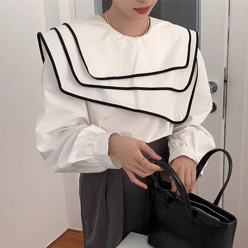 

Chic Spring Anti-Aging Multi-Layer Asymmetrical Navy Collar Color Blo Loose Bubble Sve irt for Women Commute Sle