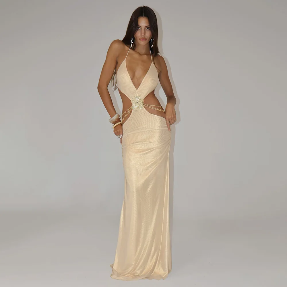 시크한 라이트 골드 컷아웃 맥시 드레스 통기성 메쉬 주름 홀터 롱 드레스 여성용 섹시 나이트 클럽 생일 파티 선 드레스