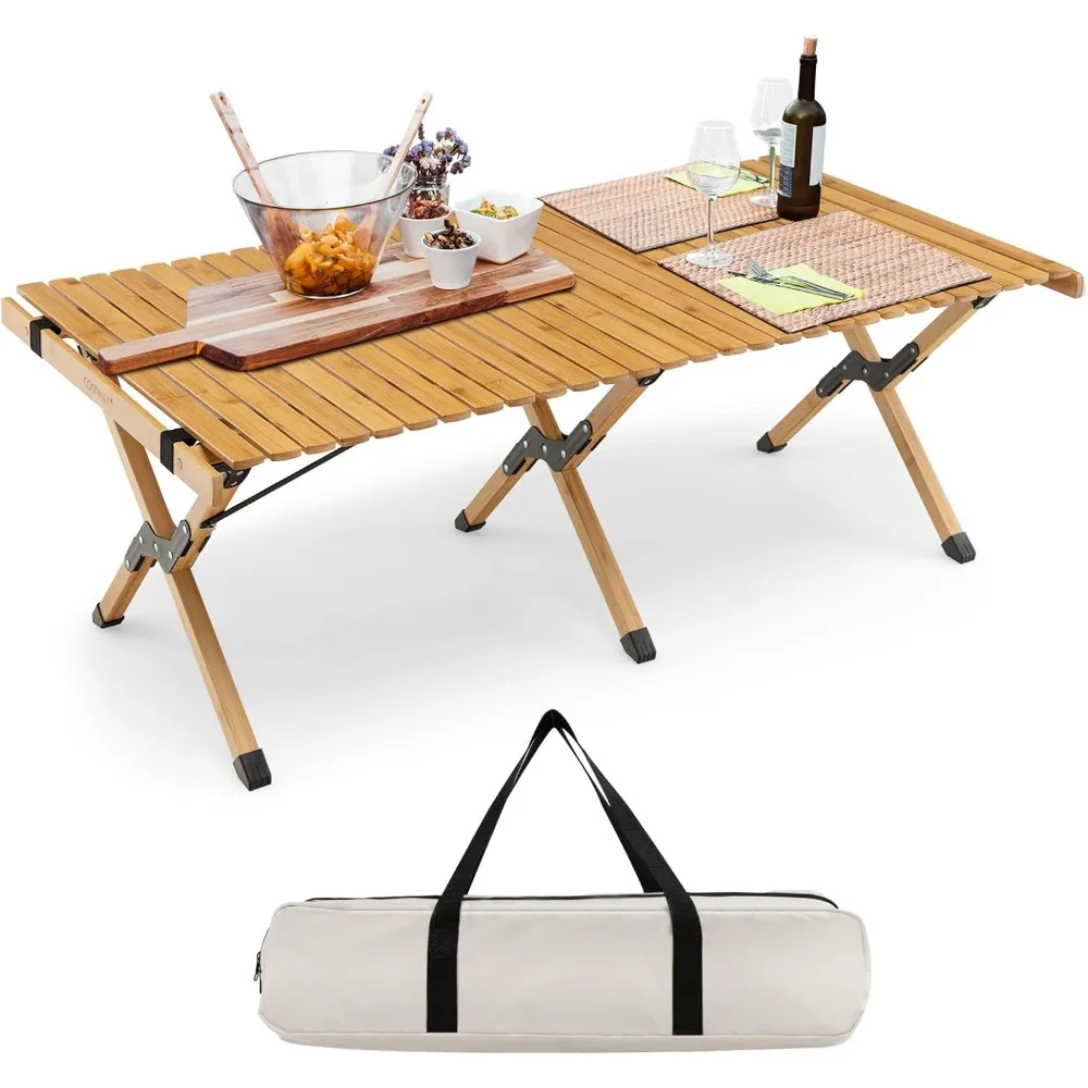 

Folding Picnic Table, Portable Roll Up Camping Table with Storage Bag, for 4-6 People, Low Height Foldable Bamboo