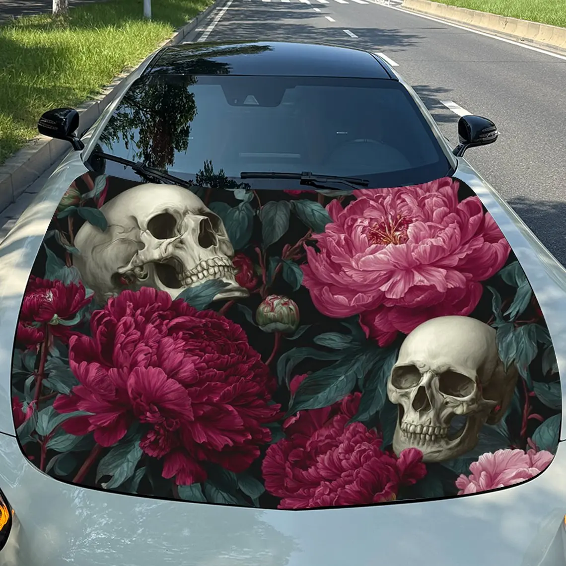 

Flowers And Skull Pattern Car Hood Decal-Scratch Resistant, Weather Resistant PVC, Easy To Stick, Adding Bold Design To Your Car