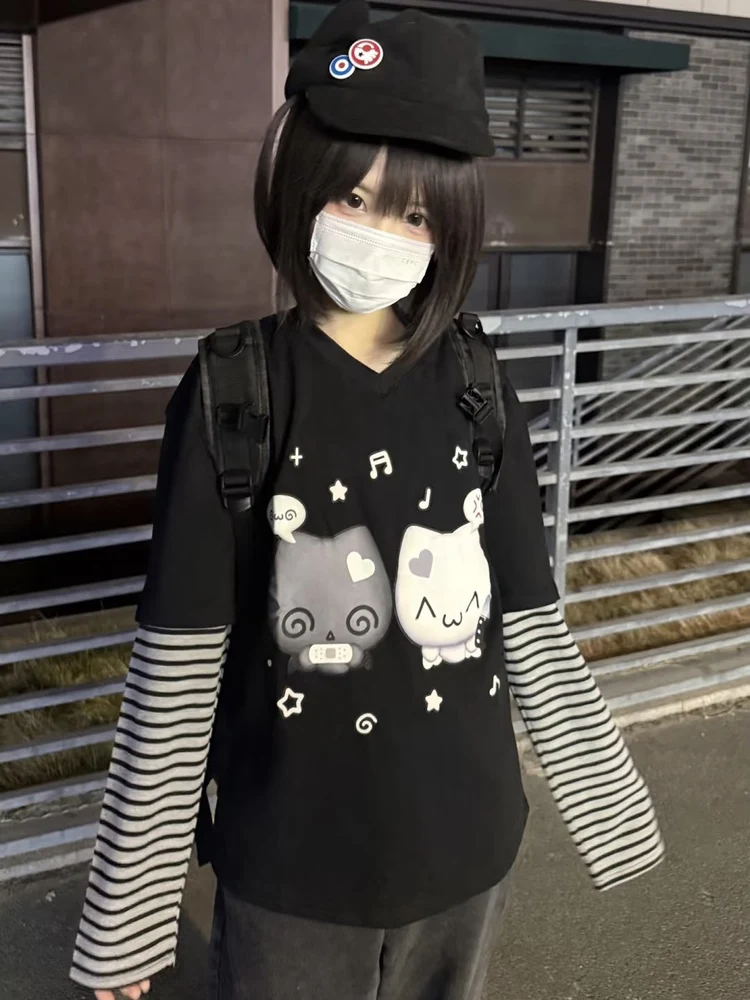 Cute Japanese Style Long Sleeve T-Shirt Women's V-Neck Striped Patchwork Grey Student JK Cartoon Moe Fashion Autumn Cotton