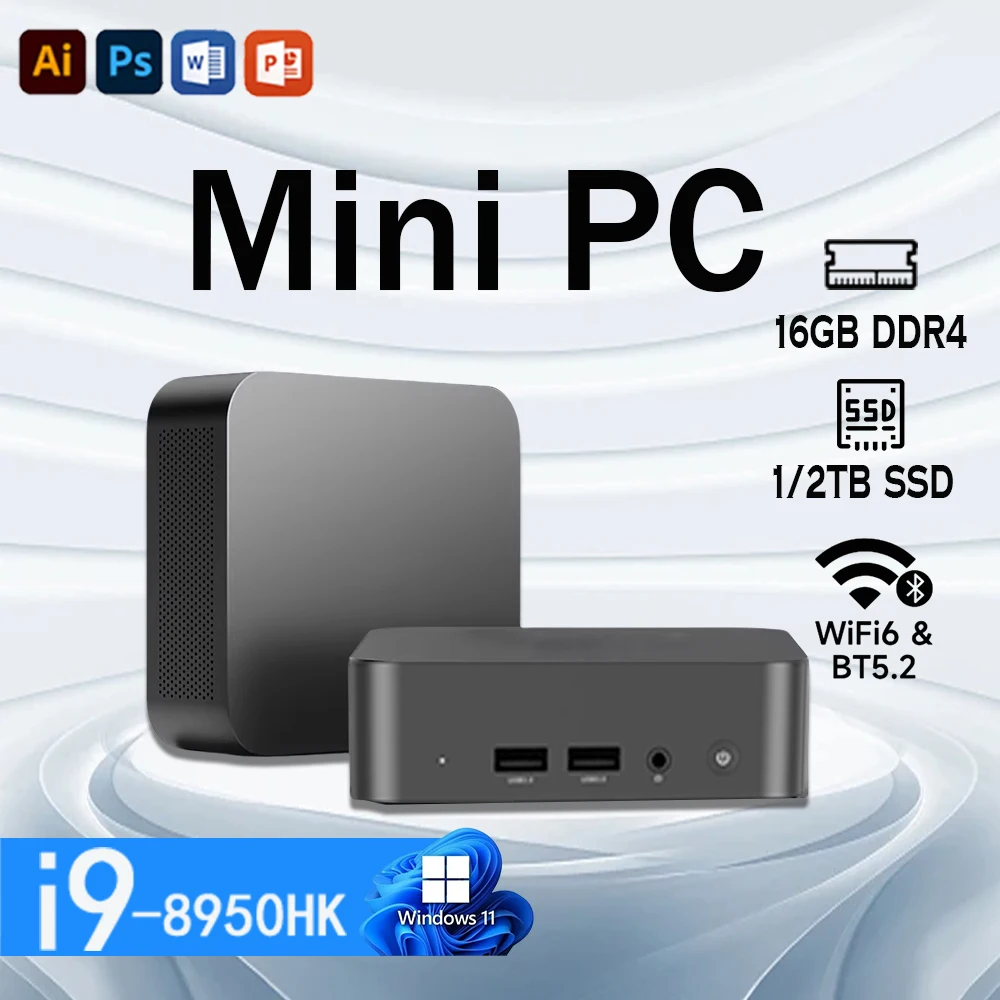 2025 Intel Core i9 8950HK Gaming Mini Computer Windows 11 Pro 16GB DDR4 1TB 2TB M.2 SSD WiFi 6 UHD Graphics Mini PC