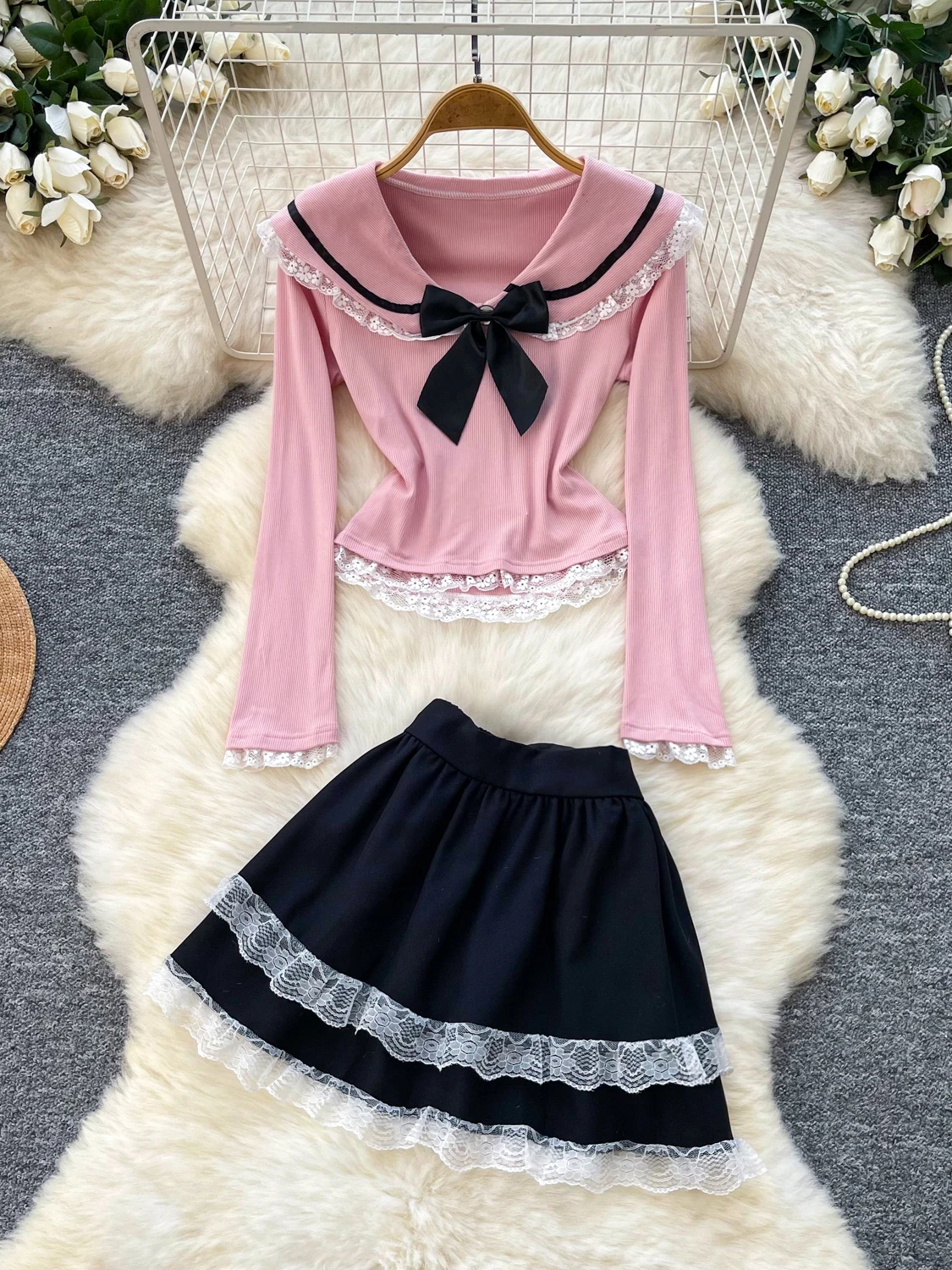 Sweet Style Lace  Knot Long Sleeve Top And Half Skirt Two Piece Set Slimming Commute Suit for Women Autumn Fashion