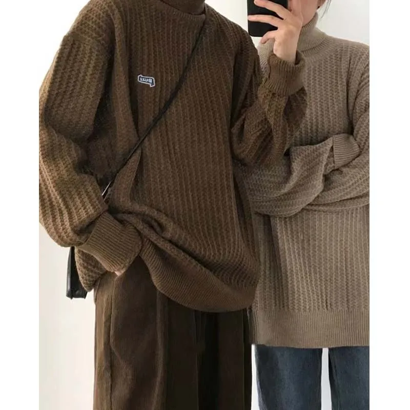 Teen Autumn And Winter New Japanese Vintage Caramel Color Turtleneck Sweater For Boys And Girls Warm Loose Base Knitwear