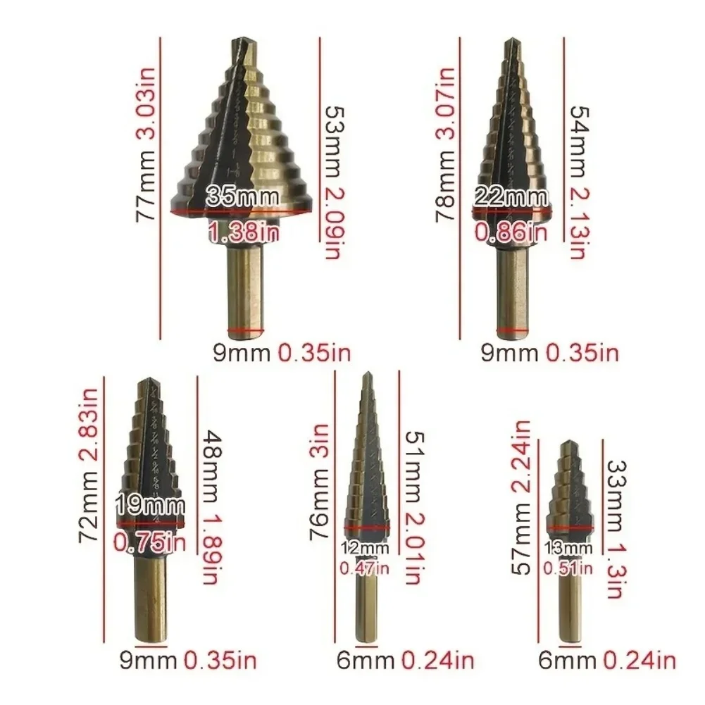 5Pcs Step Drill Bit Straight Groove Pagoda Hole Cutter Metal Cone Drill Bit Hole Opener Aluminum Box Metal Drilling Tool