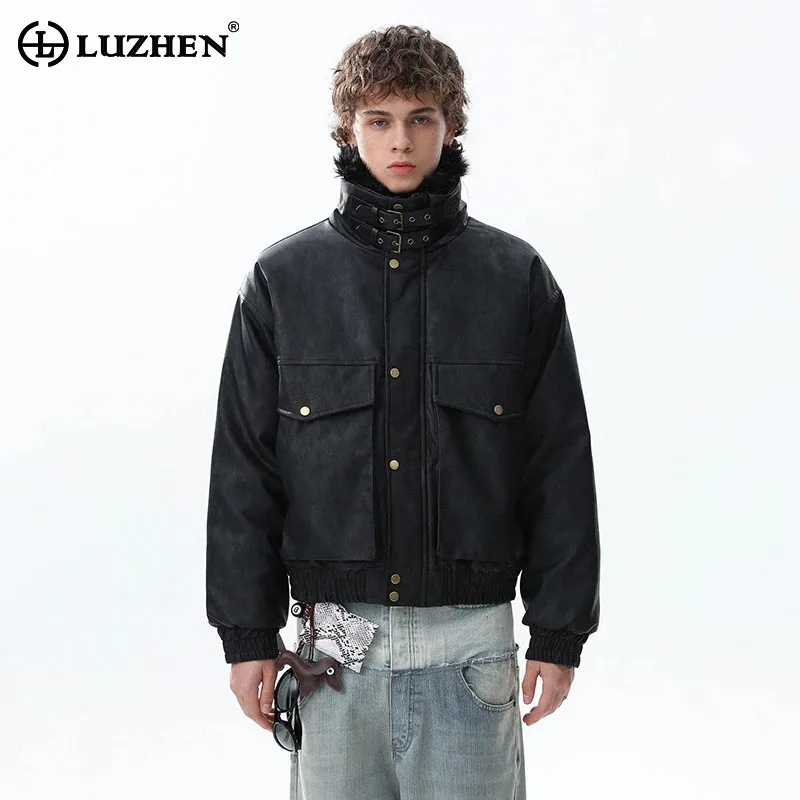 LUZHEN 2025 Winter Niche Design Belt Leather Stand Neck Patchwork Fur Padded Coat Men's Stylish Big Pockets Parka Jacket JY5000