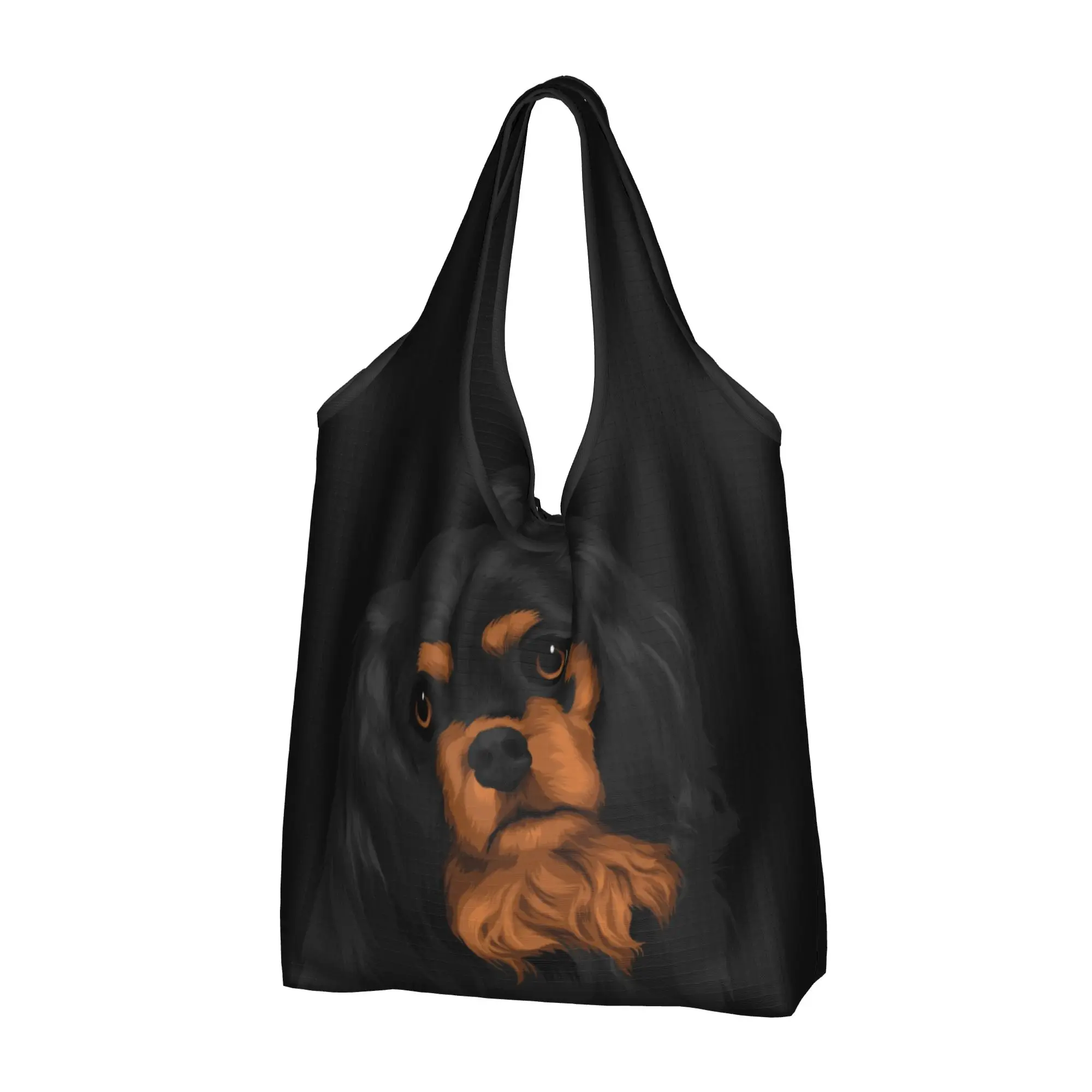 Custom Tilted Black Cavalier King Charles Spaniel Shopping Bags Portable Big Capacity Groceries Dog Lover Shopper Tote Bags