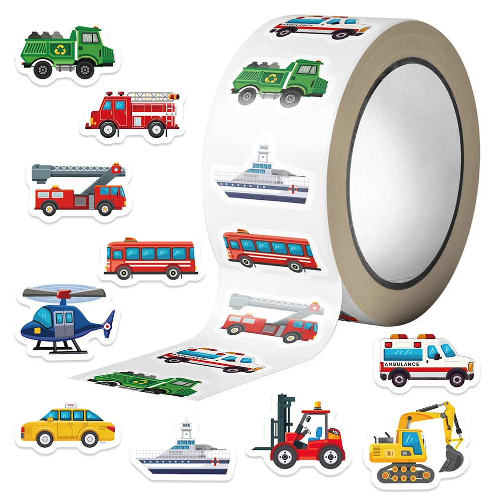 

500pcs/roll Funny Truck Vehicle Sealing Stickers Cartoon Cars Excavator Helicopter Sticker Laptop Stationery Phone Decals Decor