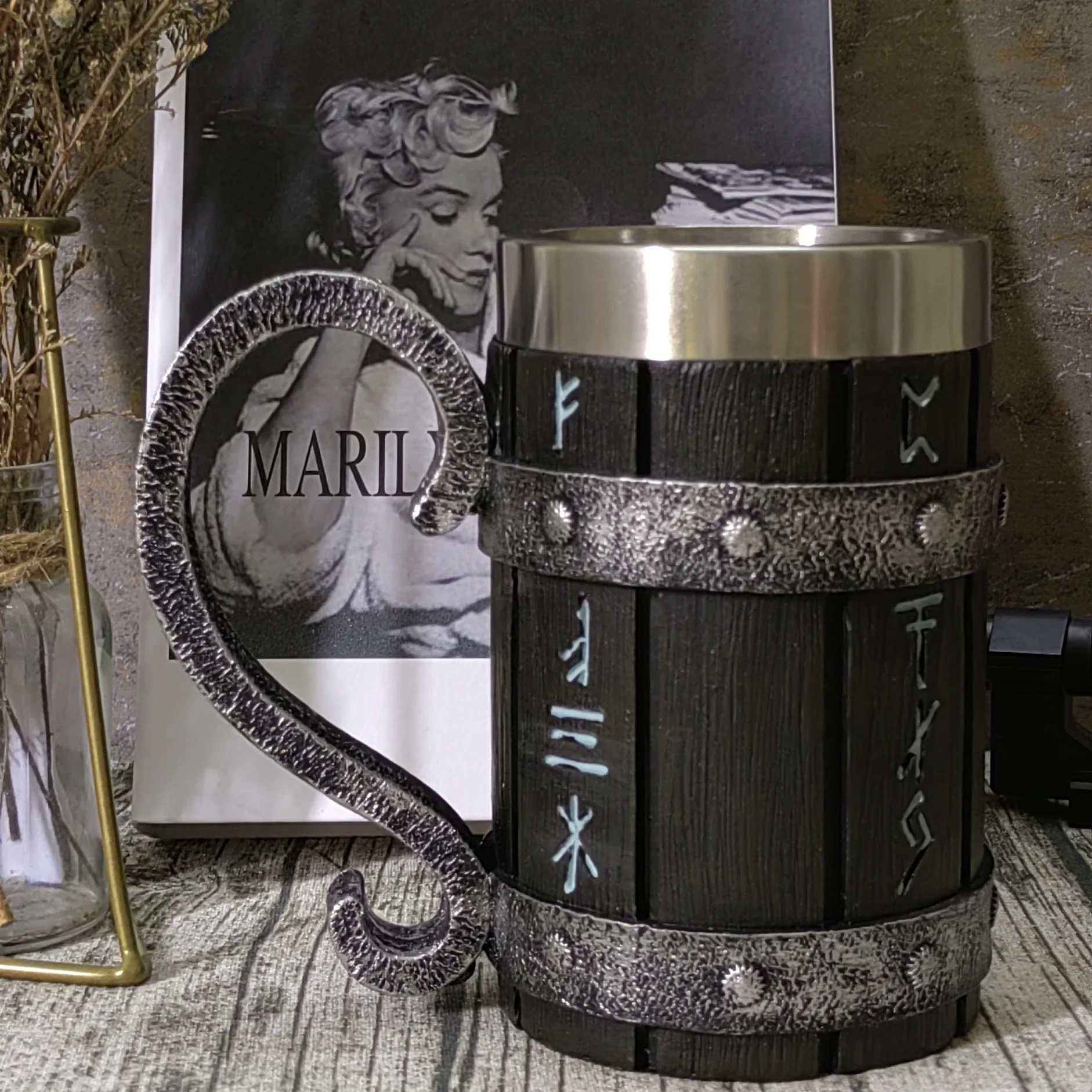 Medieval Norse Viking Runes Oak Barrel Beer Mug Stein with Stainless Steel Liner Viking Symbol Coffee Drink Cup for Men Gift