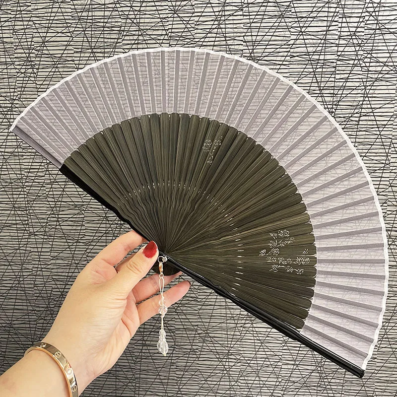 Elegant Retro Folding Fan Exquisite Carved Solid Color Hand Fan Translucent Hanfu Cheongsam Decorative Ventilador Dance Abanico