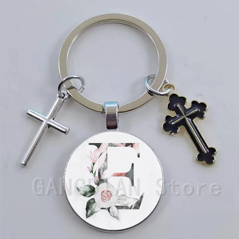 A-Z plant letters, enamel cross charm keychain, Jesus religion keychain pendant, handbag accessories, DIY keychain jewelry gifts