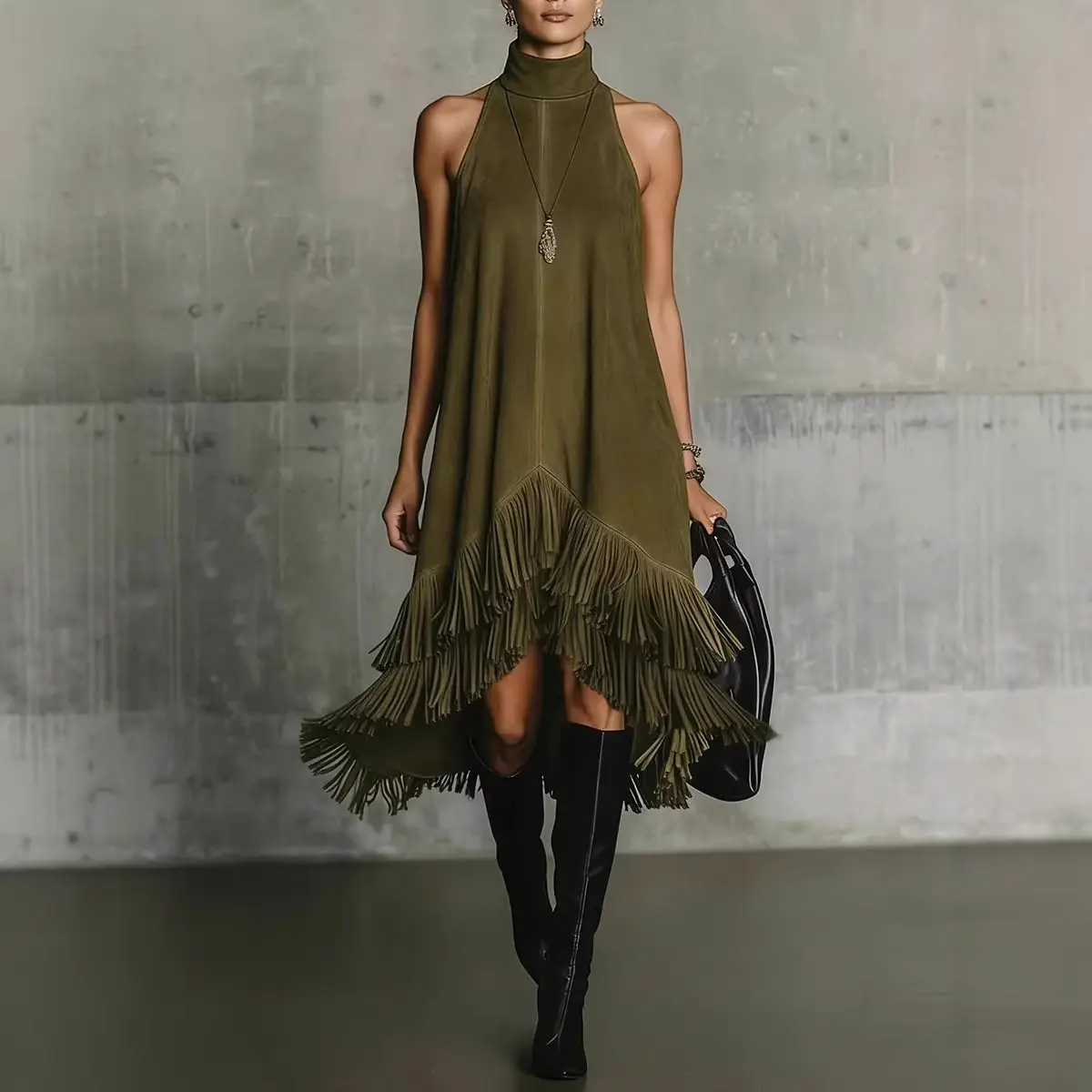 

American Retro Women's Olive Green Suede Halter Dress 2026 Summer Sleeveless Fringe Asymmetrical Hem Midi Dress Slim Vest Dress