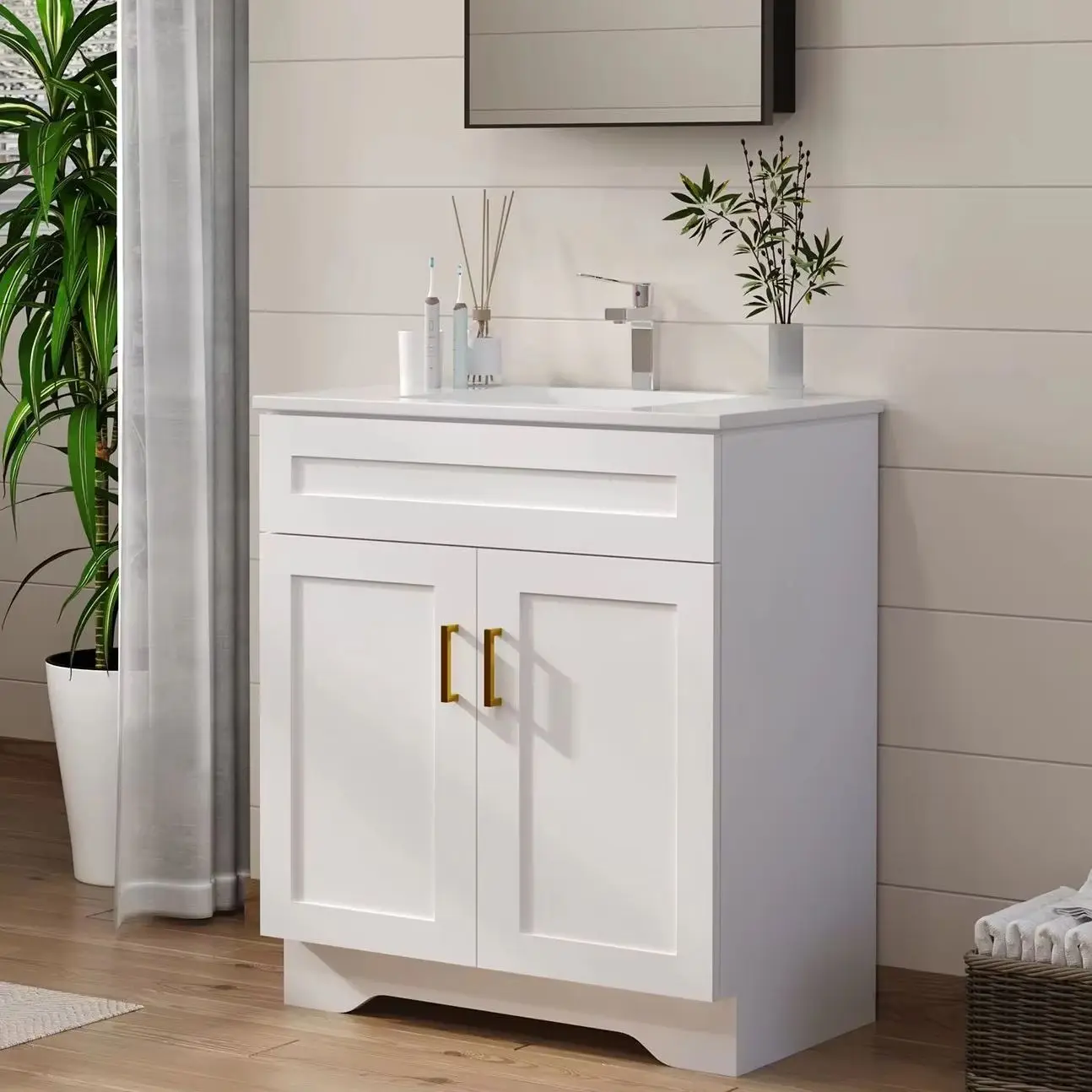 30in Freestanding Bathroom Vanity With Drawer And Double Door Storage Modern Floor‑Mounted Unit Bathroom Large Capacity Vanity With Sink