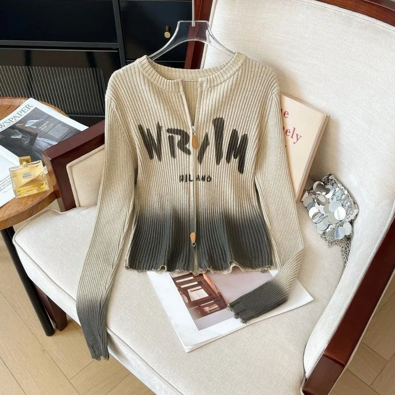 Gradient Knitwear Women's Sweater Long Sleeve Women's Autumn and Winter Covered Zipper Slim Fit Top