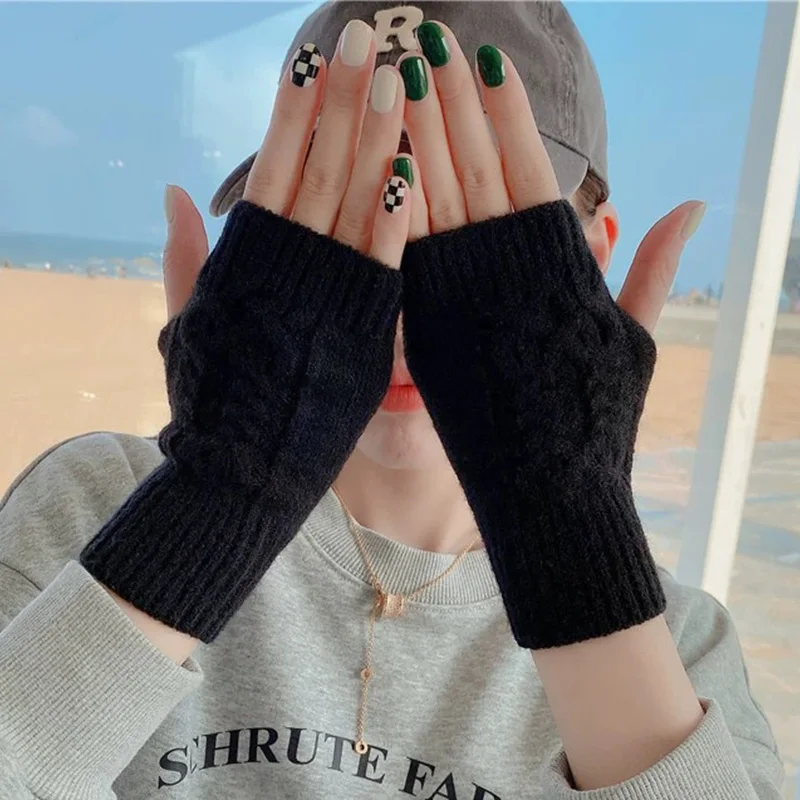 

Woolen Knitted Fingerless Winter Gloves Soft Warm Arm Flexible Hand Gloves Wrist Warmer for Women Crochet Twist Pattern Mittens