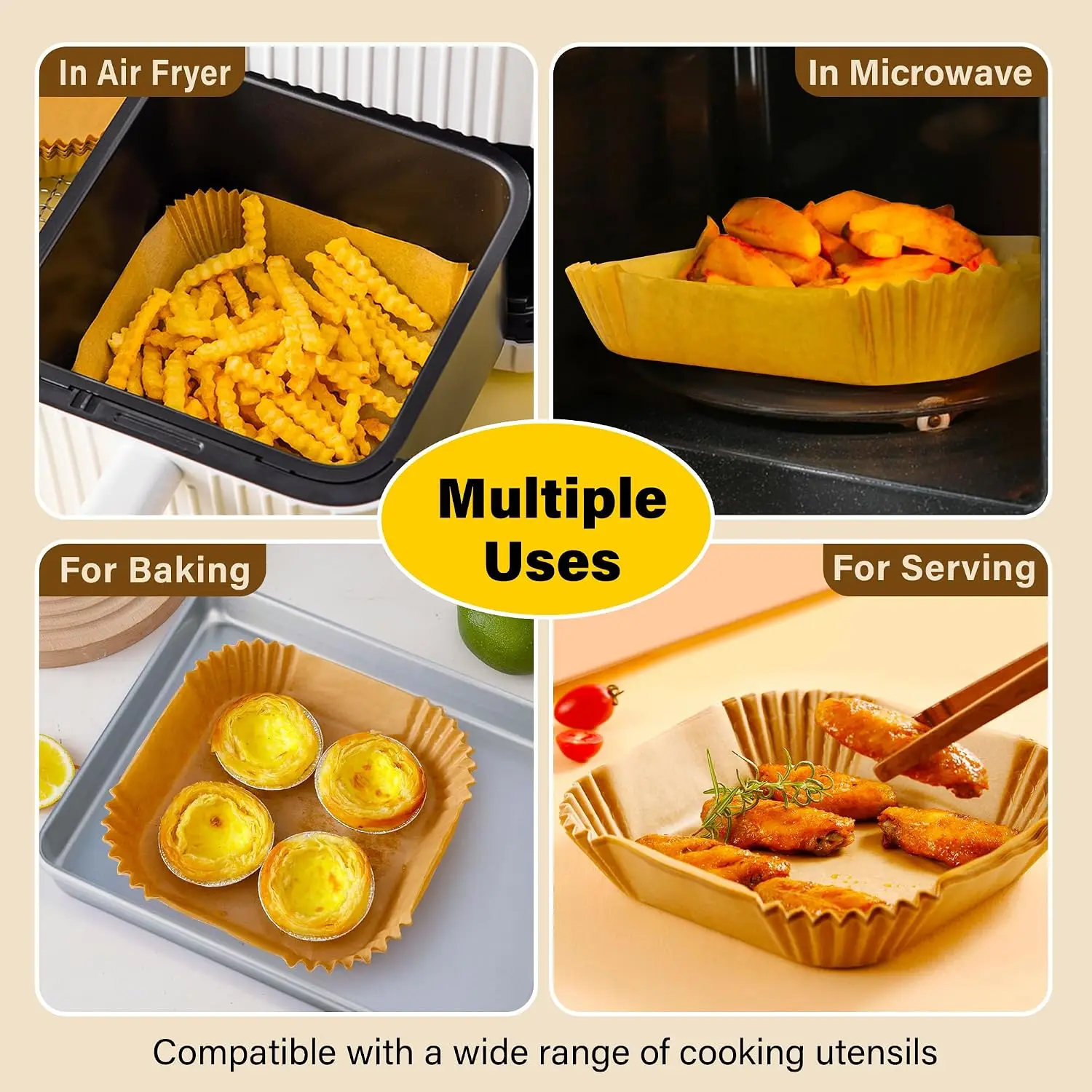 100Pcs Air Fryer Liners Disposable Unbleached Parchment Non-Stick Greaseproof for Baking Roasting Microwave Oven Airfryer Basket