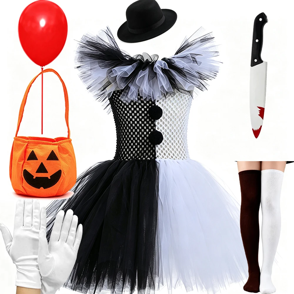 Mädchen Halloween Clown Kostüm Kleid Kinder Schwarz Weiß Gruseliger Clown Kleid mit Hut Socken Handschuhen Set Karneval Cosplay Party Outfit – Detail 10