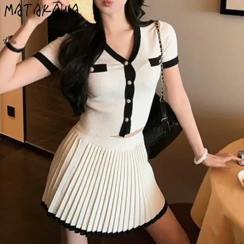 Matakawa Cardigans Skirts Sets Knitted Contrast Color Summer Two Pieces Set Women Outfits Korean Fashion Retro Conjunto Femenino