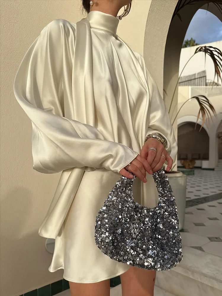 HH レディース 2025 ファッション シルクサテン風 スカーフデザイン 蝶ネクタイ ショートドレス 女性らしい気質 ハイネック 長袖 カジュアルドレス