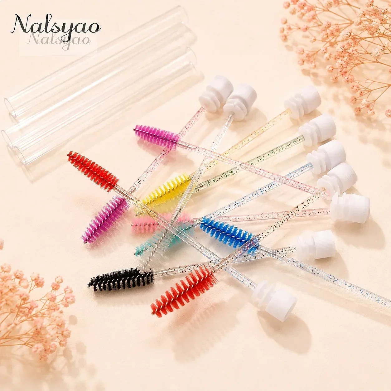 50Pcs Eyelash Brush Tubes with Crystal Lash Mascara Wands Eyebrow Comb Spoolies Container Makeup Tools