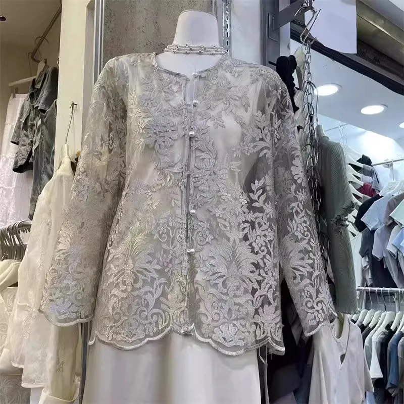 

Chinese Style O-neck Transparent Shirt Women's Summer Single Breasted Loose Jacquard Thin Long-sleeved Shirt Female Clothes