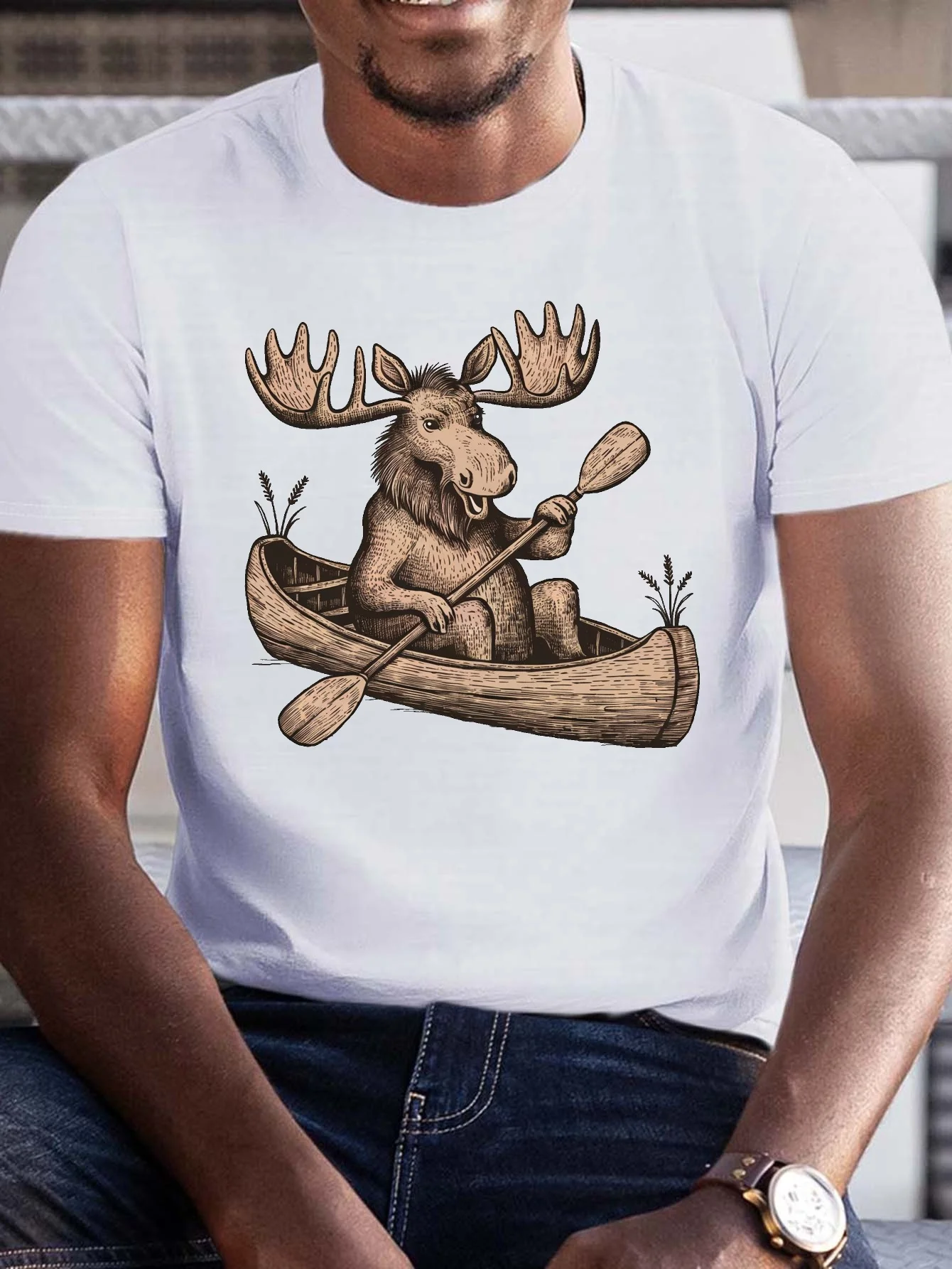 Breathable Cotton] Men's Casual Cotton T-Shirt with Moose and Canoe Print - Short Sleeve