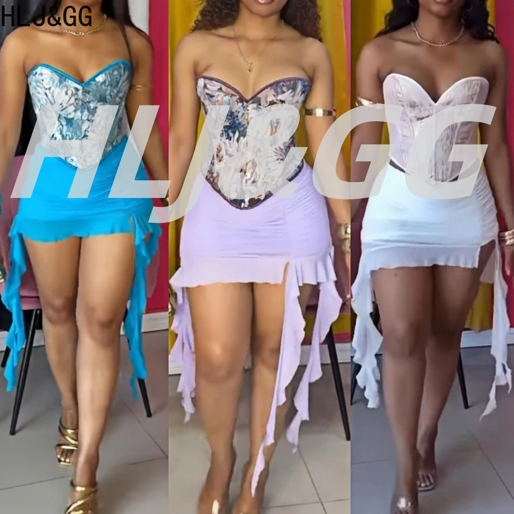 

HLJ&GG сексуальный масляный принт в стиле ретро, корсет из двух предметов, женские комплекты с открытыми плечами, тонкий укороченный топ и рюши, нерегулярная мини-юбка, наряды