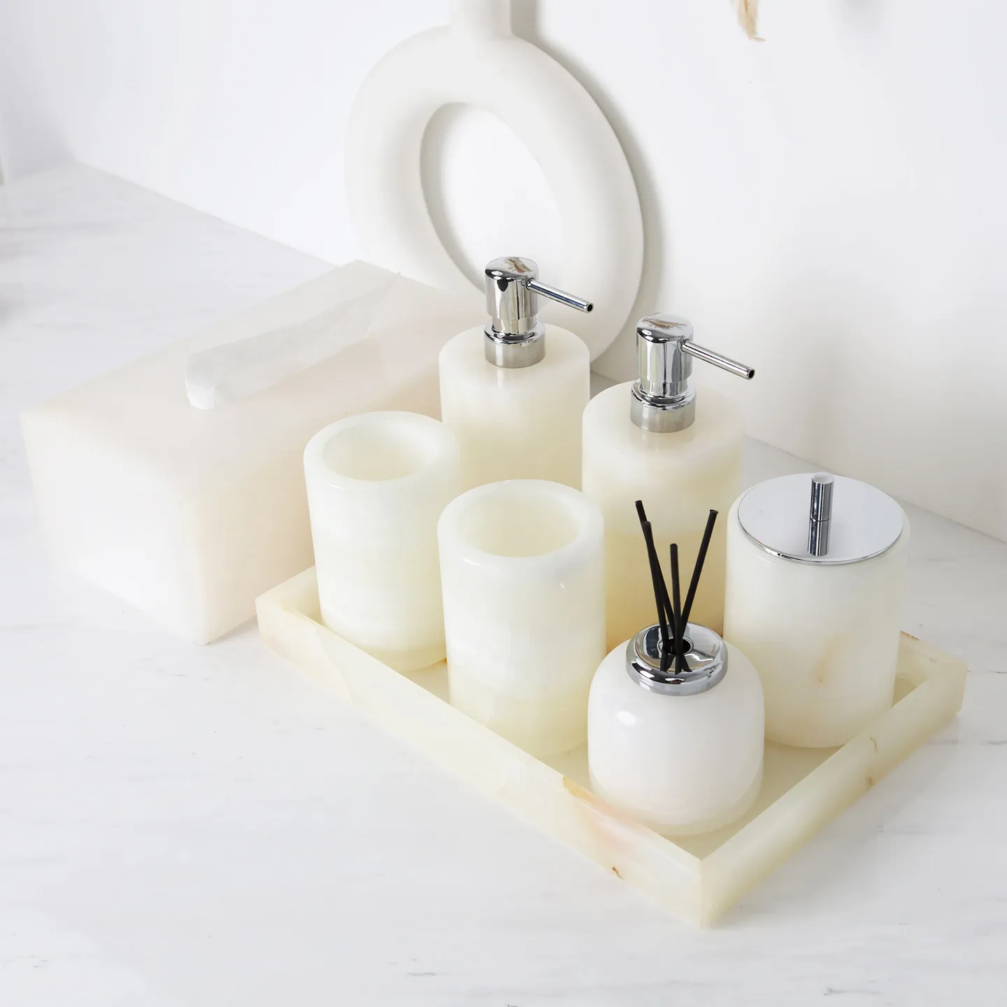 White jade marble bathroom wash set hotel tissue box tray premium ornament bathroom jade mouthwash cup