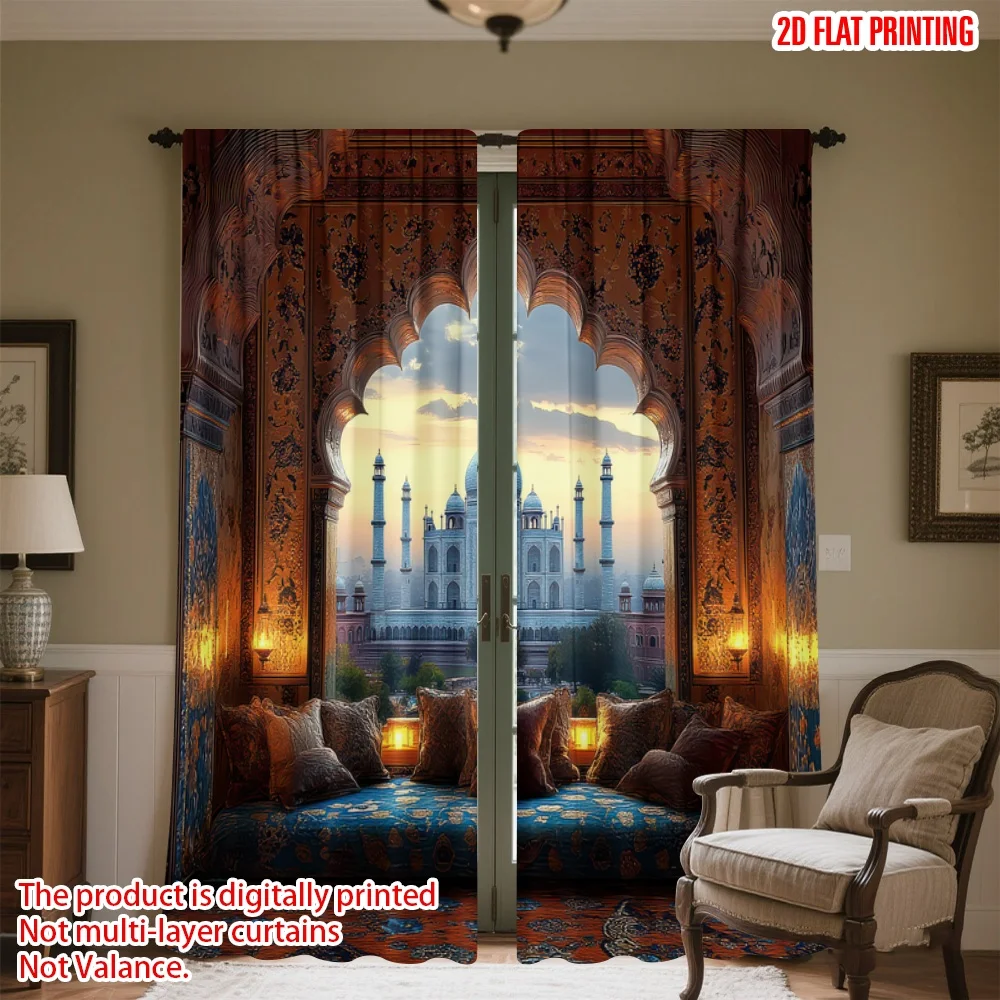 

2D flat printing 2pcs Window Curtains Taj Mahal Romantic View Digital Printed Polyester Drapes Holiday Decorations for New Year