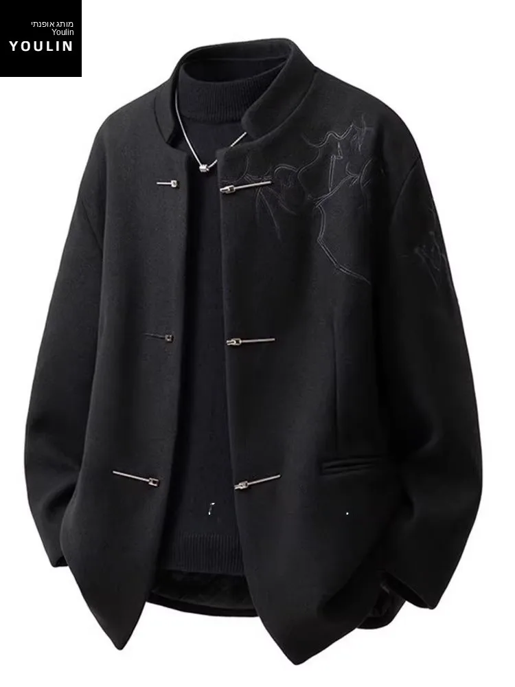 New Chinese Style Embroidered Suit Set Men's High End Zhongshan Jacket Best Man Wedding Dress Code Clothing Breathable Woolen